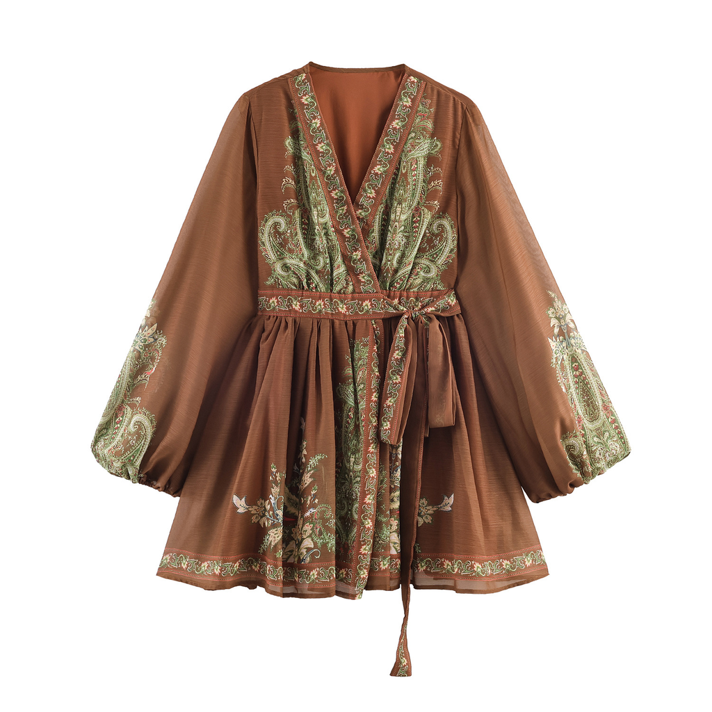 Braunes Boho-Minikleid: Ethno-Print, V-Ausschnitt & Luftiger Chiffon S-XL