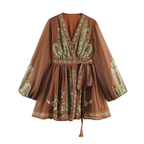 Braunes Boho-Minikleid: Ethno-Print, V-Ausschnitt & Luftiger Chiffon S-XL