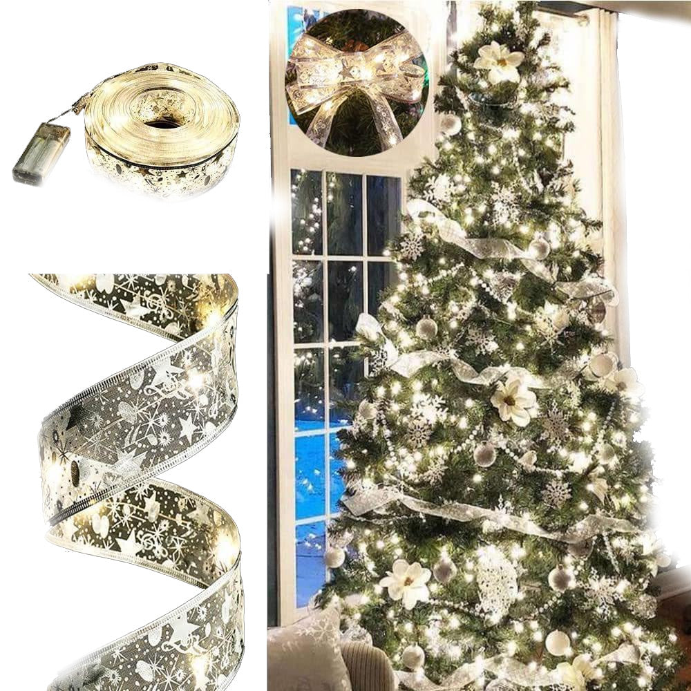 LED Lichterkette mit Satinband – Weihnachtsbeleuchtung auf Kupferdraht