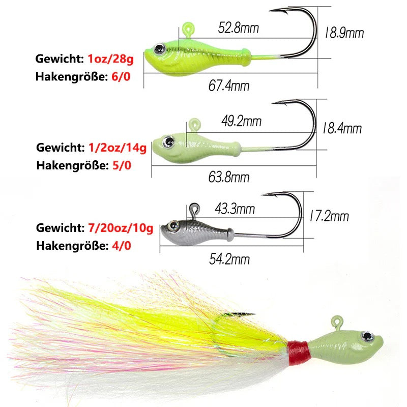 Realistischer Jigkopf-Köder mit Kunsthaar 10–28g – Weitwurf Anti-Hänger Jig für Meeresangeln, Hecht & Barsch