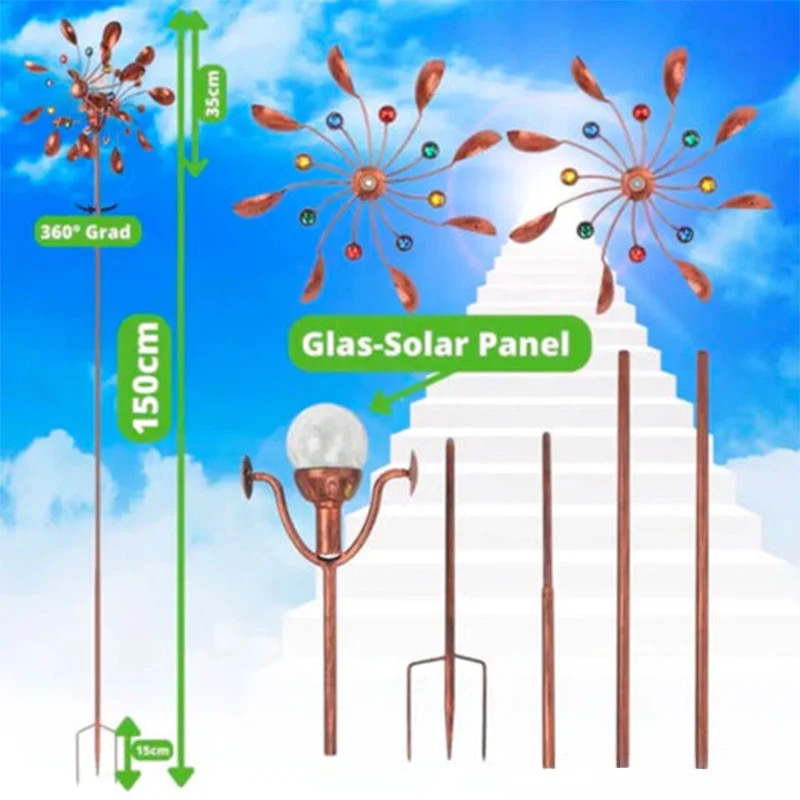 Solarbetriebene Glaskugel-Windmühle – drehendes Solarornament zur Gartendekoration