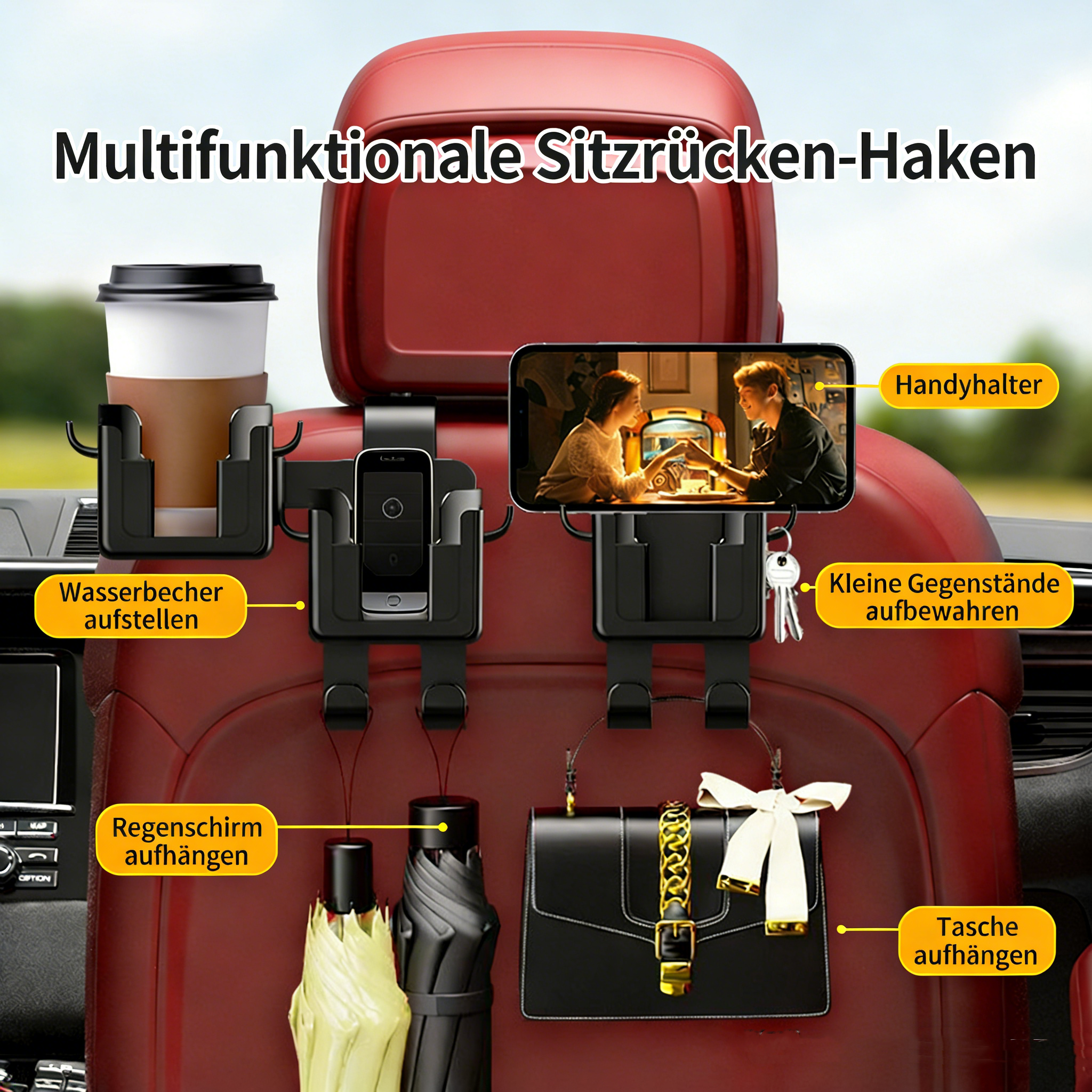3-in-1 Auto Rücksitz Haken mit Getränkehalter – Handyhalterung & Kopfstützen-Haken – Universal Organizer für Tasche & Handy