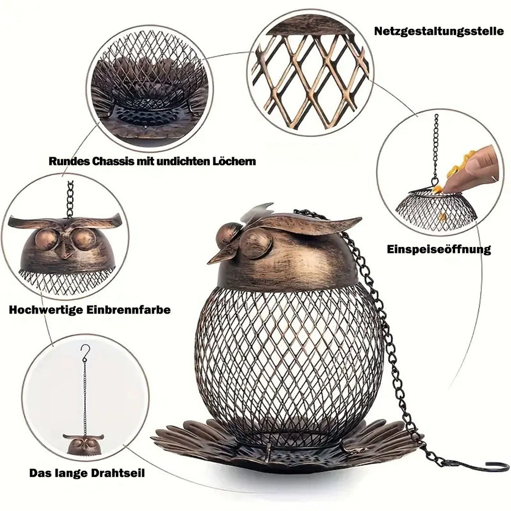 Eulenförmiger Futterautomat für Vögel im Garten